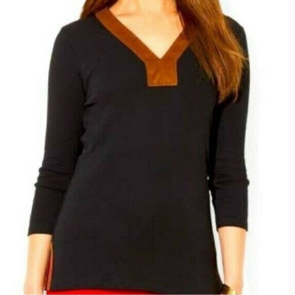 Lauren Ralph Lauren Faux Suede Trim V-Neck Top‎